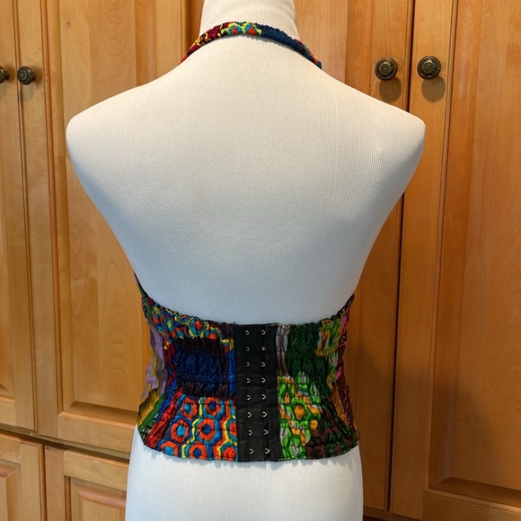 Vintage Vibe Boho Retro Beaded Bold Pattern Sebatu Hand- Print Halter Top Size M - Picture 3 of 11
